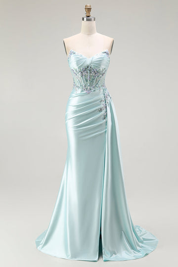 Light Green Mermaid Strapless Corset Beaded Ball Dress with Streamer